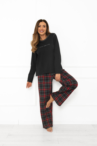 Italian Fashion női pizsama sötét melange-pamut, hosszú ujjú és hosszú nadrág, kockás