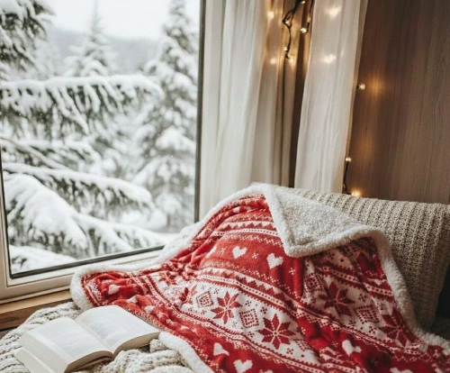 SACO karácsonyi takaró piros - puha és meleg, norvég hópehely mintával, díszes zacskóban