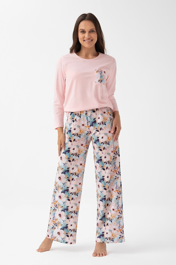 348 Női pizsama Luna rózsaszín - pamut, hosszú ujjú, virágmintás, kényelem és stílus