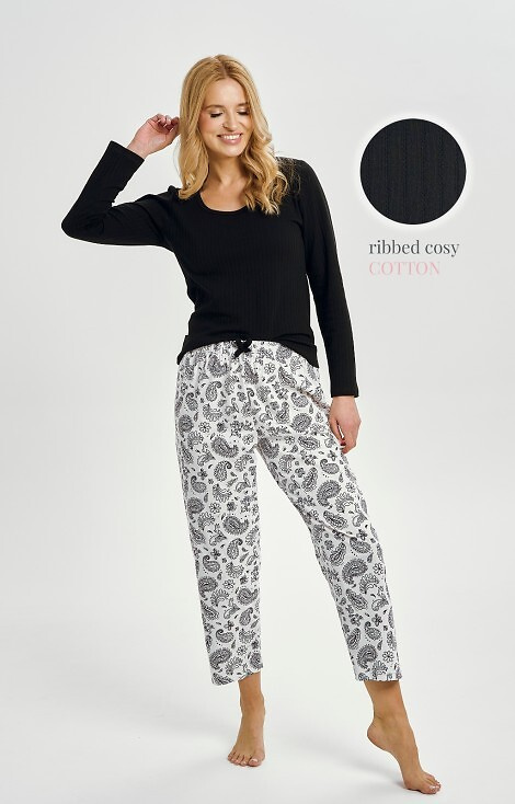 3454 Taro női pamut pizsama fekete - hosszú ujjú, mintás nadrág