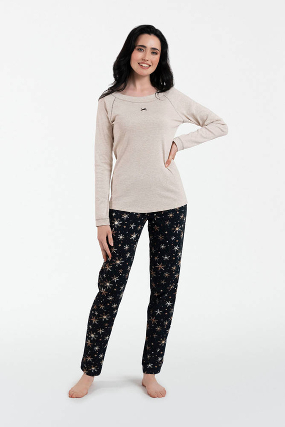 Denali női pizsama hosszú ujjú, hosszú nadrág olasz divat - bézs melange/print