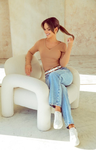 Eleonor Eldar Active bézs női blúz bordázott viszkózból, hosszú ujjú, hosszú ujjú