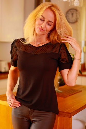 Ava Mirale női blúz - viszkóz, borsó tüll, buff ujjak - fekete