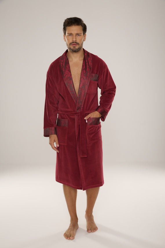 868 Noble férfi velúr fürdőköpeny De Lafense- elegáns, puha, prémium, bordó, bordó színű