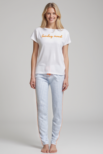 Dana Női pizsama Sorbetto kék - 100% pamut, rövid ujjú, kockás nadrág, szett