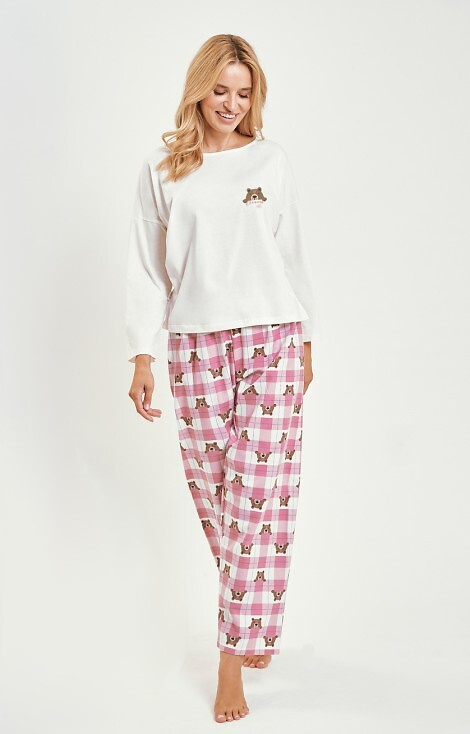 3441 Astrid női pamut pizsama Taro bézs - hosszú ujjú, kockás flanel nadrág