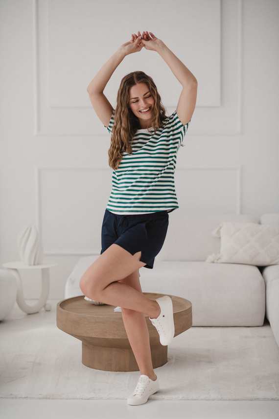 Two Ways Terhesség és szoptatás blúz | Rövid ujjú, kényelmes Milk&Love zöld és fehér csíkos, rövid ujjú