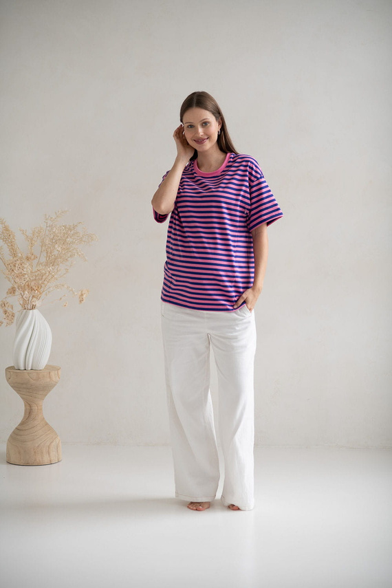 Mamahood Milk&Love rózsaszín és kék csíkos kismama és szoptatós póló - kényelmes és stílusos