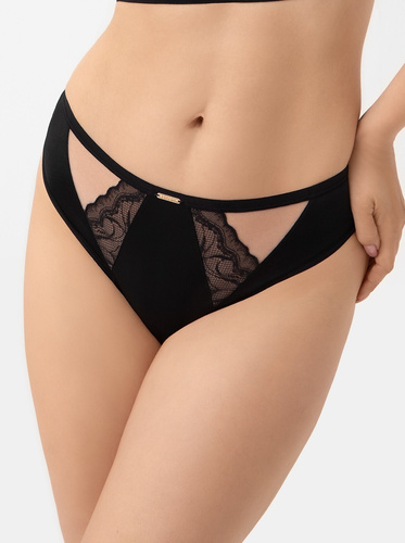 Brasil alsónadrág B 001 Lexi Gorsenia fekete - női alsónadrág csipkebetéttel, közepes emelkedés, sztreccs tüll és mikroszál, rózsaarany díszítőelemek