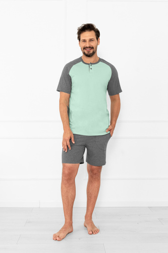 Férfi pizsama Aleksander Italian Fashion - rövid ujjú és rövidnadrág, 100% pamut - zsálya/melange