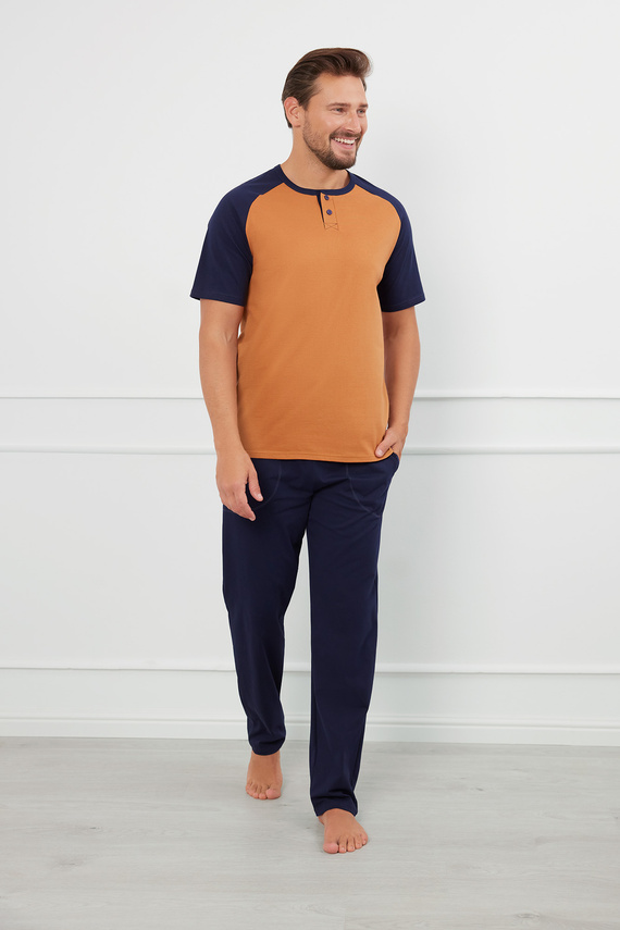 Alexander Férfi rövid ujjú pizsama, hosszú nadrág Italian Fashion - konyak/gránát