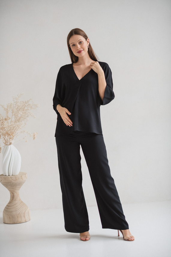 Mamafullness Terhességi blúz szoptatáshoz Milk&Love fekete- viszkóz, 3/4 ujjú, oversize, szoptatáshoz