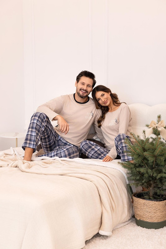 Női pizsama Regina 743 bézs-pamut, hosszúság. ujjas, nyomtatott, kockás nadrág