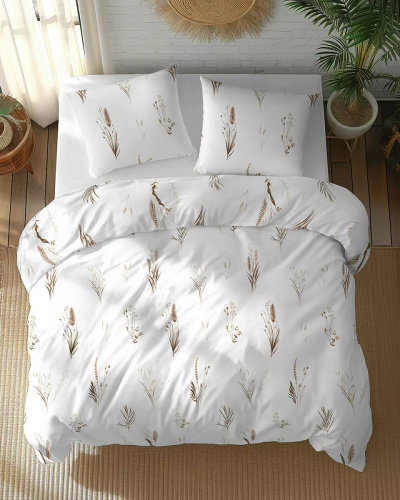 5771 B Cotton Bloom Detexpol ágynemű fehér fűfélékkel, barna és bézs színű fürtökkel - 100% pamut, kétoldalas, polírozott kivitelben