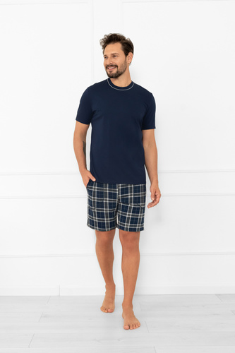 Férfi pizsama Andreas - pamut, rövid ujjú és kockás rövidnadrág Italian Fashion - tengerészkék/print