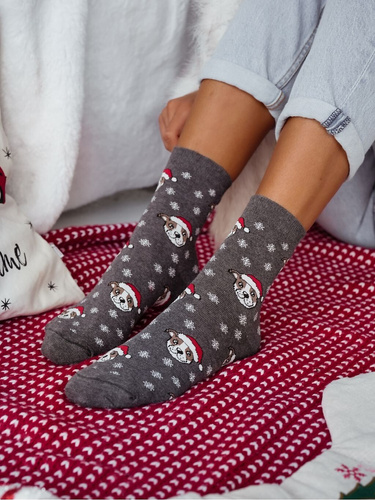 1283-039 Zokni Milena - ünnepi női zokni buldogokkal és hópelyhekkel, sötét színű melange