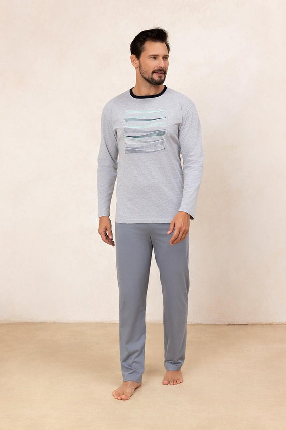 Regina 492 szürke - férfi hosszú ujjú pamut pizsama, klasszikus szabású