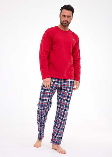 124/312 Ready 3 Cornette gesztenyebarna - férfi pamut pizsama, hosszú ujjú, kockás nadrág