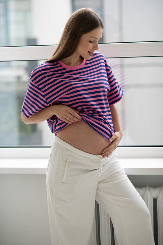 Mamahood Milk&Love rózsaszín és kék csíkos kismama és szoptatós póló - kényelmes és stílusos