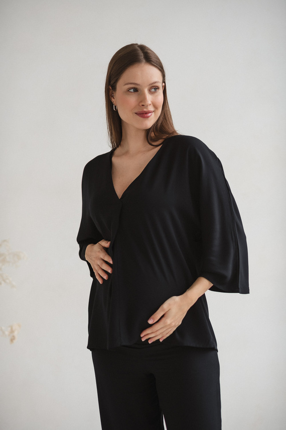 Mamafullness Terhességi blúz szoptatáshoz Milk&Love fekete- viszkóz, 3/4 ujjú, oversize, szoptatáshoz