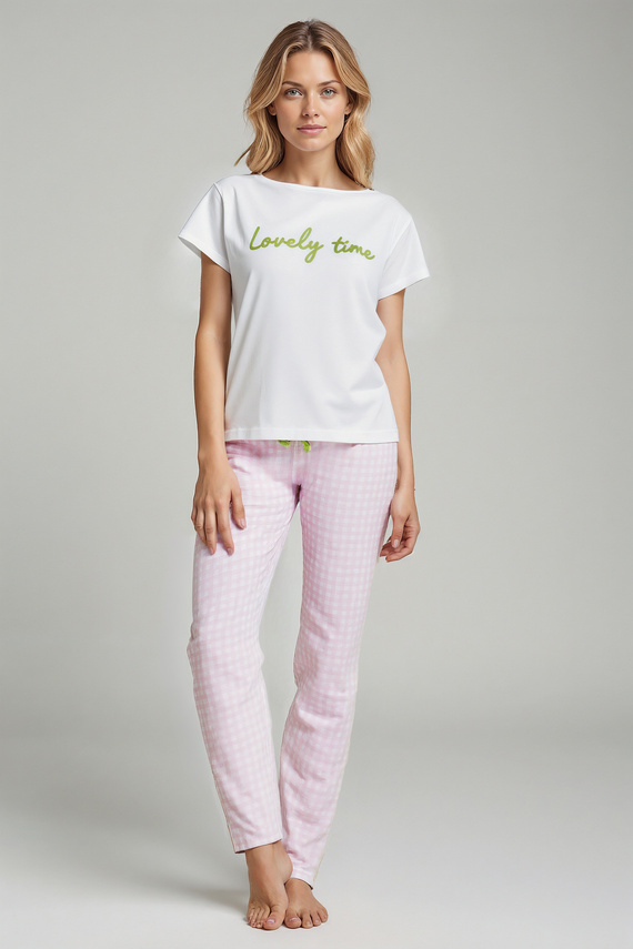 Dana Női pizsama Sorbetto rózsaszín - 100% pamut, rövid ujjú, kockás nadrág, szett