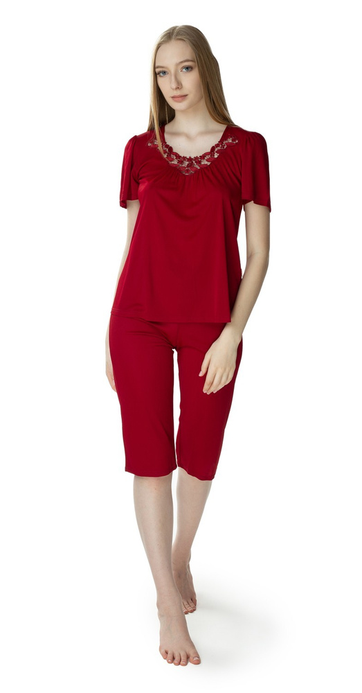 3639 Matylda Női pizsama Mewa bordó-vizkózselyem, lengyel termék, 3/4-es hosszúságban