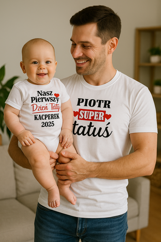 SKU N052TS-1 "Első apák napja + Szuper apa névvel" szett - Moocha férfi bodysuit + póló, személyre szabott, pamut, tökéletes apák napi ajándék.