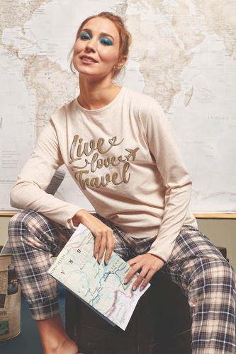 Bessy Női pizsama Sorbetto bézs - trikó, arany mintás, kockás nadrág