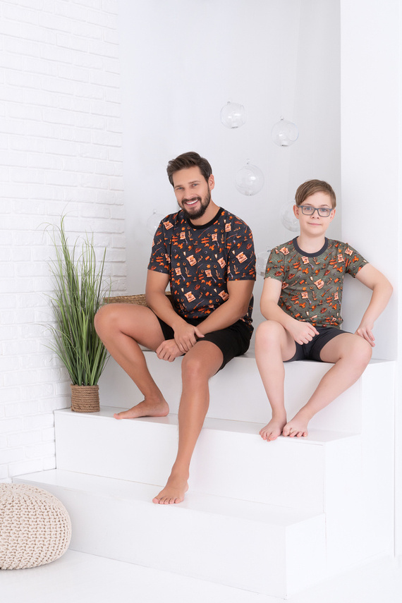 Western fiú rövid ujjú pizsama, nadrág Italian Fashion - olívazöld/grafit