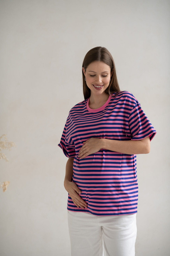 Mamahood Milk&Love rózsaszín és kék csíkos kismama és szoptatós póló - kényelmes és stílusos