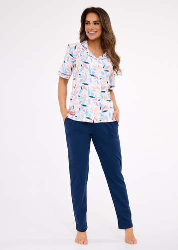 696/453 Cornette Anette női pizsama | Pamut, nyitott elöl, hosszú szegély, rövid ujjú