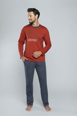 Lion Férfi hosszú ujjú pizsama, nadrág Italian Fashion - piros/grafit