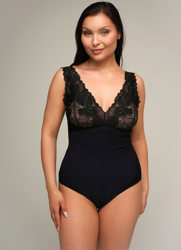 Női bodysuit Ava 022 Shimmer fekete - viszkóz, csipke, nyomógombos záródással