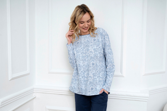 Gracjela Női pizsama hosszú ujjú, hosszú nadrág olasz divat - kék/zöld mintás