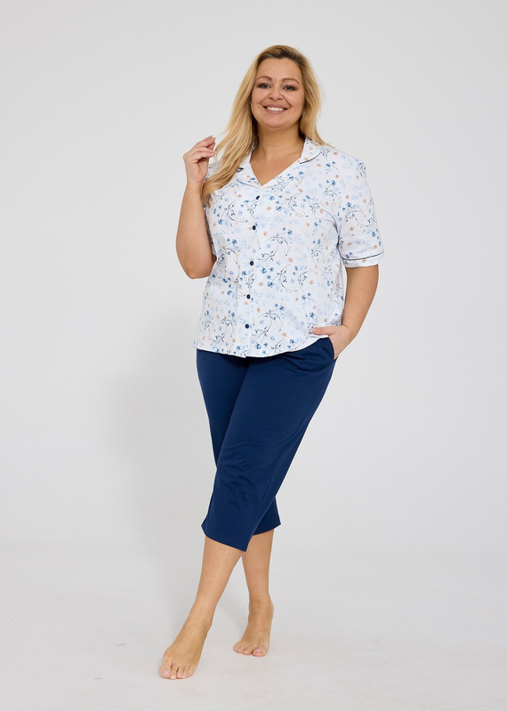 Cornette Yvonne 347/347 női pamut pizsama gombos virágos 3/4 nadrág