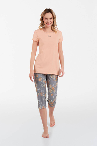 Kasali női pizsama rövid ujjú és 3/4 nadrág olasz divat - lazac/print