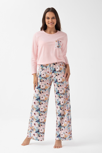348 Női pizsama Luna rózsaszín - pamut, hosszú ujjú, virágmintás, kényelem és stílus