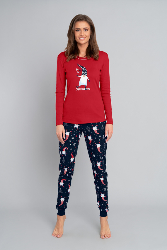 Gnome női hosszú ujjú pizsama és hosszú nadrág Talian Fashion- piros/print