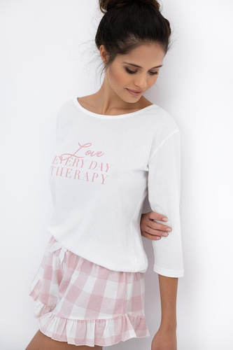 Emily Sensis - Női pamut pizsama | 3/4-es ing és kockás rövidnadrág fodros szegéllyel