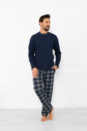 Férfi pizsama Andreas - hosszú ujjú, hosszú nadrág, pamut Italian Fashion - tengerészkék/print