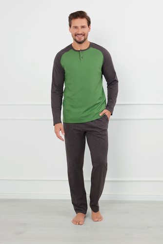 Alexander Férfi pizsama hosszú ujjú, hosszú nadrág olasz divat - zöld/c.melange