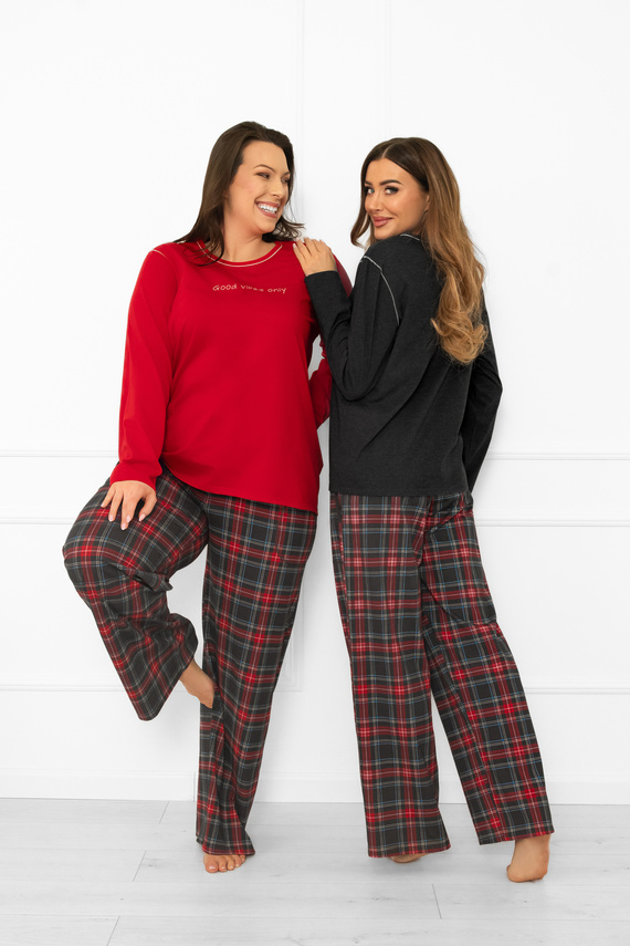 Italian Fashion női pizsama piros színben - pamut, hosszú ujjú és nadrág, kockás