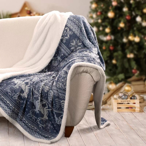 Eurofirany karácsonyi takaró fehér tengerészkék - puha mikroszálas ágytakaró, 240 g/m²