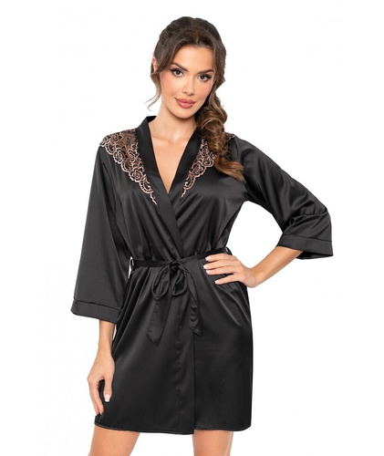 Sabrina Donna fekete fürdőköpeny - szatén neglizsé csipkével, derékban megkötve