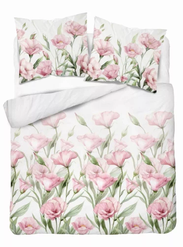 5328 A Pościel satynowa Różowe kwiaty na białym tle Detexpol