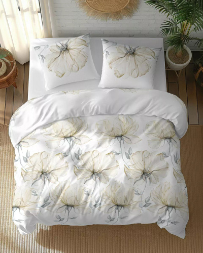 5770 B Cotton Bloom Detexpol fehér ágynemű nagy krémszínű virágokkal - 100% pamut, megfordítható, lengyel gyártmány