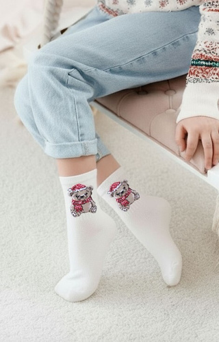 1306-009 Lányok karácsonyi zokni Milena ekrü-pamut, mackó mintával