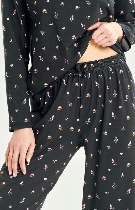 3440 Mina Női Taro pizsama tengerészkék - pamut virágos, hosszú ujjú, hosszú ujjú