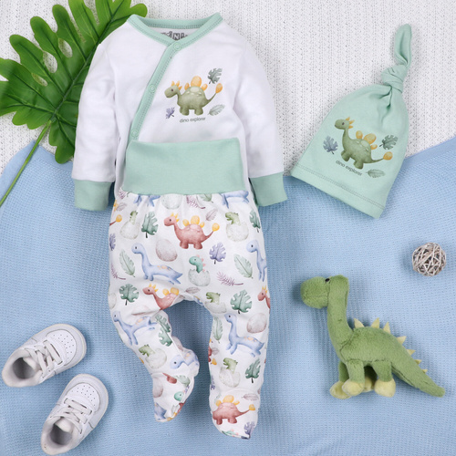 ABN-5562 Dino Explorer borítékos bodysuit Nini fehér | Organikus pamut újszülött babának