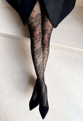 Veneziana Gia harisnyanadrág fekete - kabaré virágmintás, megerősítés nélkül a lábujjaknál